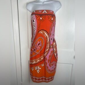 Cache Strapless Vibrant Orange & Pink Dress w Removable Gold Embellished Belt